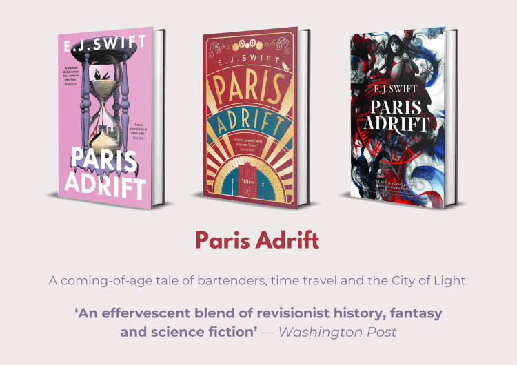Cover images for Paris Adrift, plus the following text: Paris Adrift A coming-of-age tale of bartenders, time travel and the City of Light. ‘An effervescent blend of revisionist history, fantasy and science fiction’ — Washington Post
